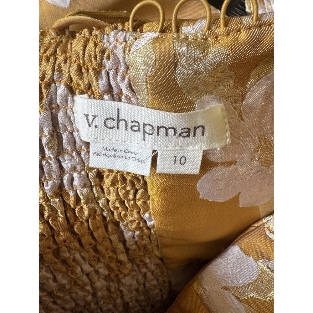 $525 Anthropologie V. Chapman Vera Ruffle Corset Slit Gold Dress Floral  10 Midi - Picture 6 of 15
